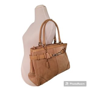 COACH Tan Suede Handbag with Tan Leather Trim and Silver Tone Hardware